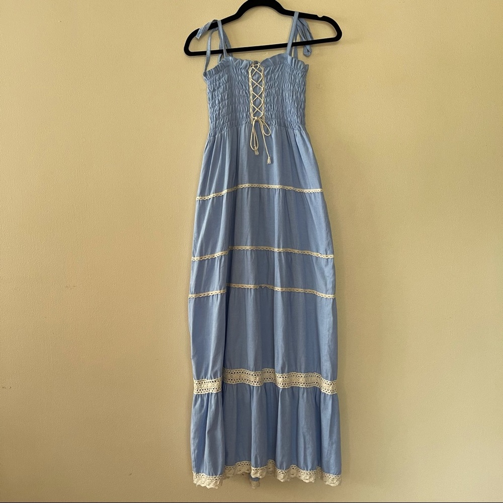 Japanese Blue Maxi Dress with Lace Detail